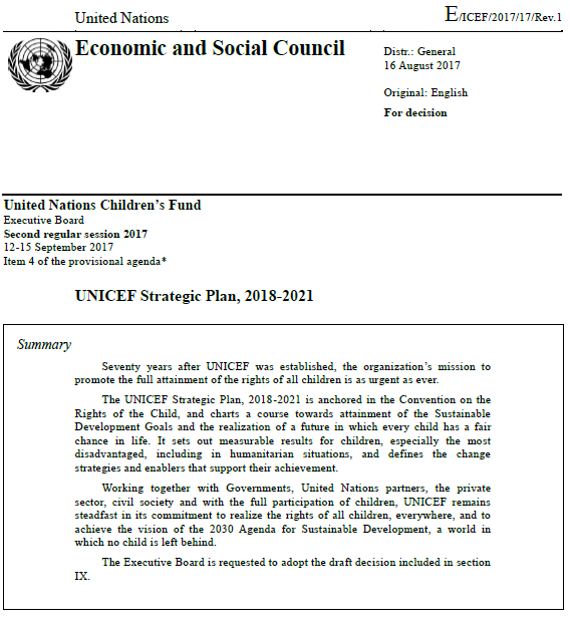 UNICEF Strategic Plan, 2018-2021　本文に「結核」が明記された